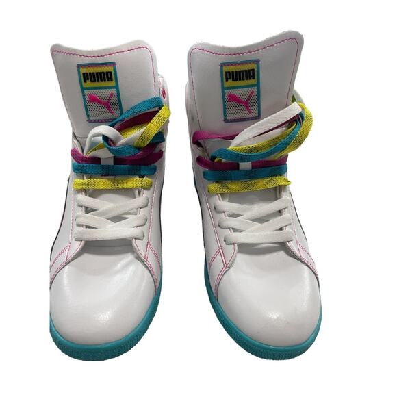 Puma Women's High Top Sneakers White Leather Trainers Neon 8.5 Y2K - Picture 6 of 10